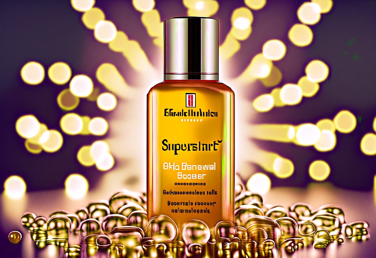 A bottle of Superstart Skin Renewal Booster by Elizabeth Arden surrounded by glowing, rejuvenated skin cells
