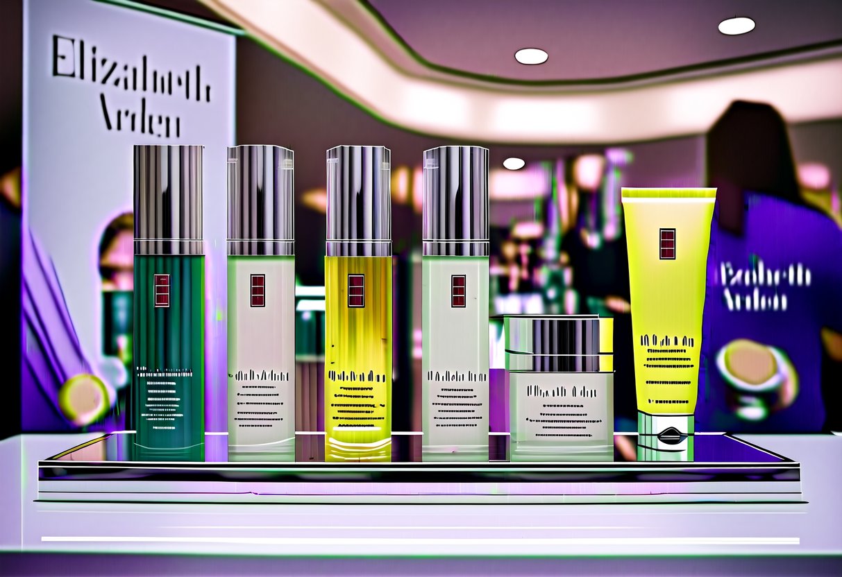 A display of Elizabeth Arden products with prominent promotional signage, attracting attention and creating a positive brand perception