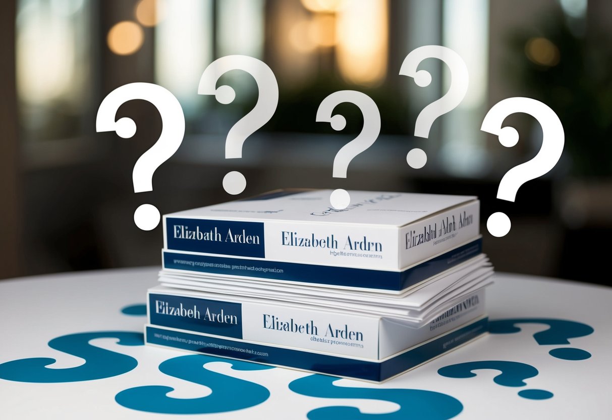 A stack of promotional materials with the Elizabeth Arden logo and branding, surrounded by question marks