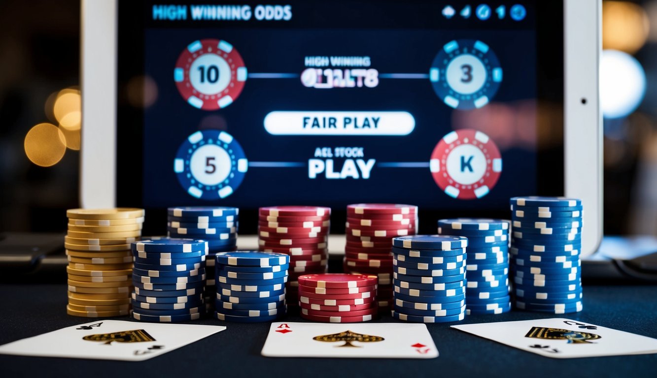 Sekelompok chip poker dan kartu yang disusun di atas meja, dengan antarmuka digital di latar belakang yang menunjukkan peluang kemenangan tinggi dan permainan yang adil