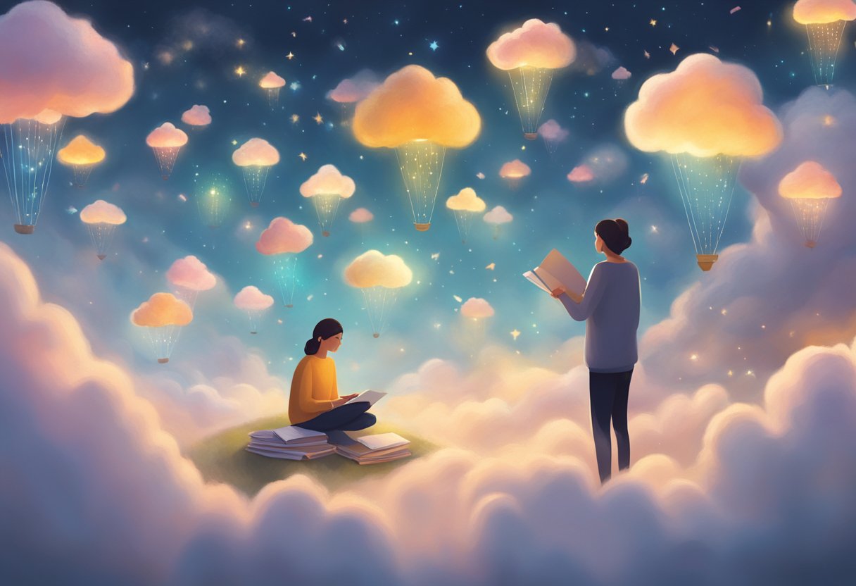 En person, der gennemser en sky af svævende ønskelister, hvor genstande og ønsker er skildret som eteriske, lysende objekter