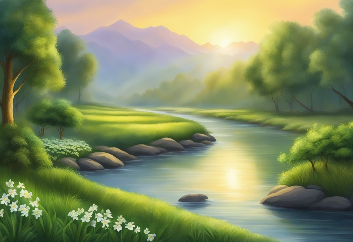 A serene landscape with a tranquil river, lush greenery, and a glowing sunrise, symbolizing the wisdom and guidance found in the Vedas