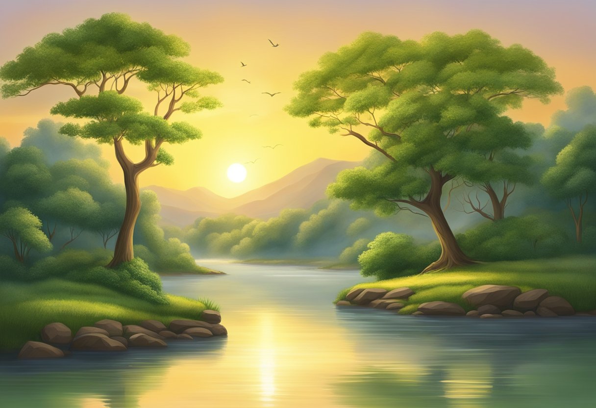 A serene landscape with a tranquil river, lush greenery, and a golden sunrise, symbolizing the ancient wisdom and guidance found in the Vedas