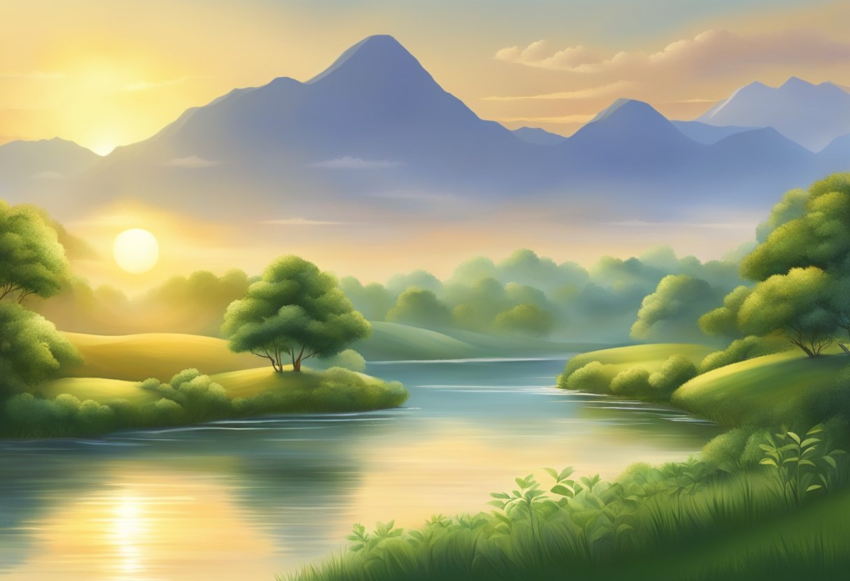 A serene landscape with a tranquil river, lush greenery, and a golden sunrise, symbolizing the wisdom and guidance found in the Vedas