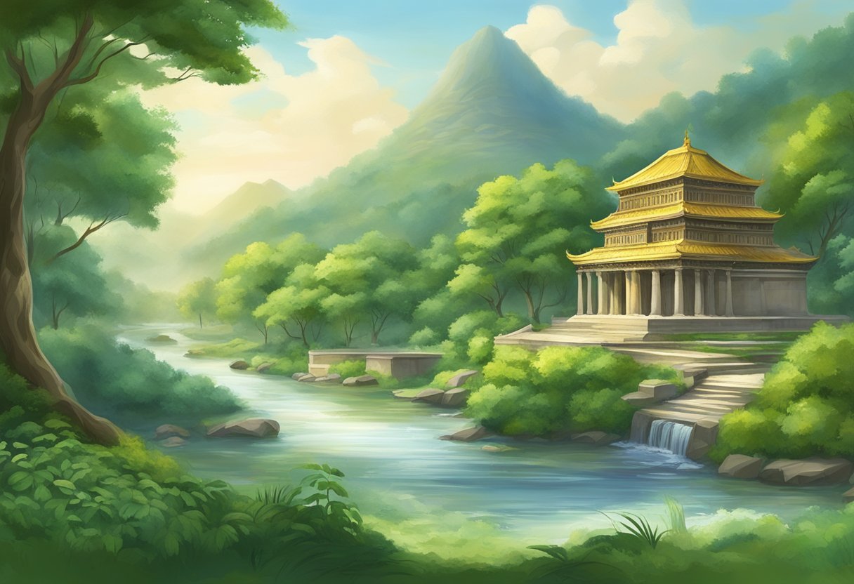 A serene landscape with a peaceful river flowing through lush greenery, surrounded by ancient temples and scriptures