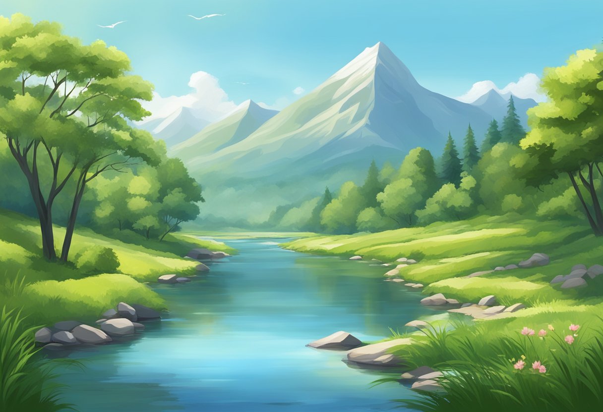 A serene landscape with a tranquil river and lush greenery, surrounded by mountains and a clear blue sky