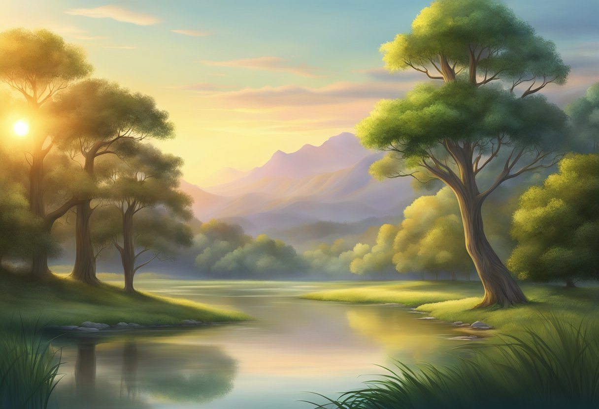 A serene, ancient landscape with a peaceful river, lush trees, and a glowing sunrise