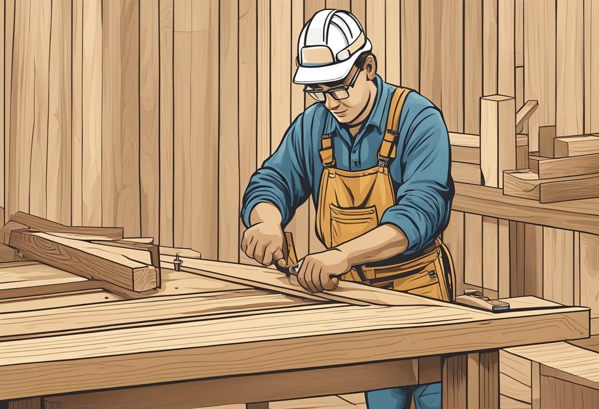 En snedker i arbejde, der bruger værktøjer til at måle, skære og samle træ. Færdighederne inkluderer præcision, håndværk og opmærksomhed på detaljer.