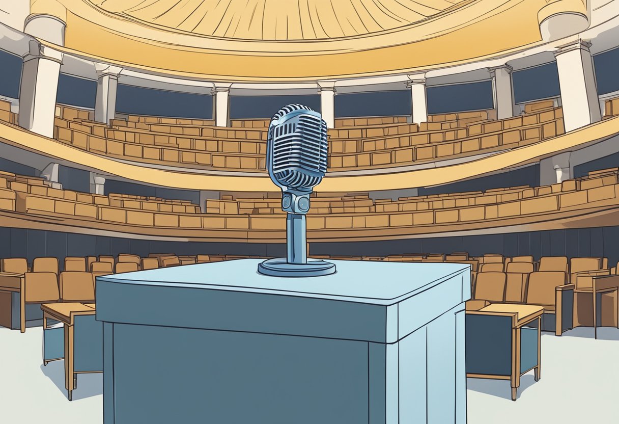 Et podium med en mikrofon, omgivet af et publikum og et panel af talere