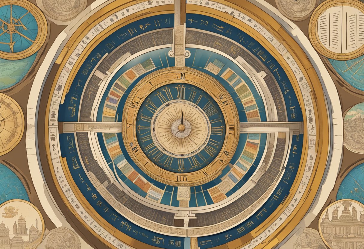 A collection of ancient texts arranged in a circular pattern, with symbols and illustrations representing different cultures and time periods