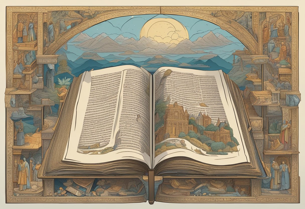 An open book with overlapping pages from various ancient texts, each depicting different themes and symbols