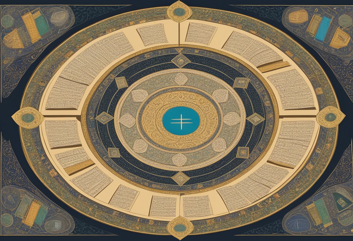 A group of ancient texts, such as the Bible, Quran, and Vedas, arranged in a circle with overlapping sections, symbolizing their interconnectedness and mutual influence