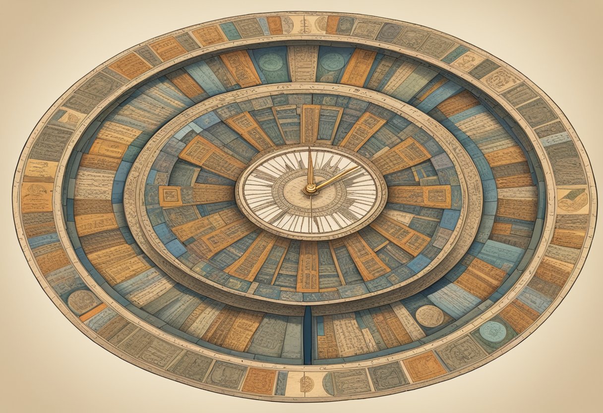 A collection of ancient texts arranged in a circular pattern, with symbols and illustrations representing different cultures and time periods