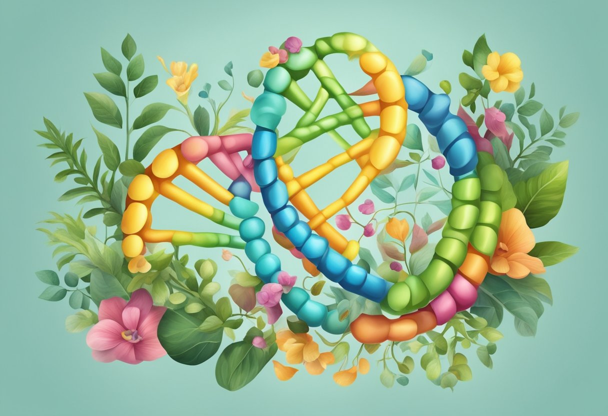 En farverig DNA-streng, der udfolder sig og omformer sig, omgivet af forskellige organiske og uorganiske elementer