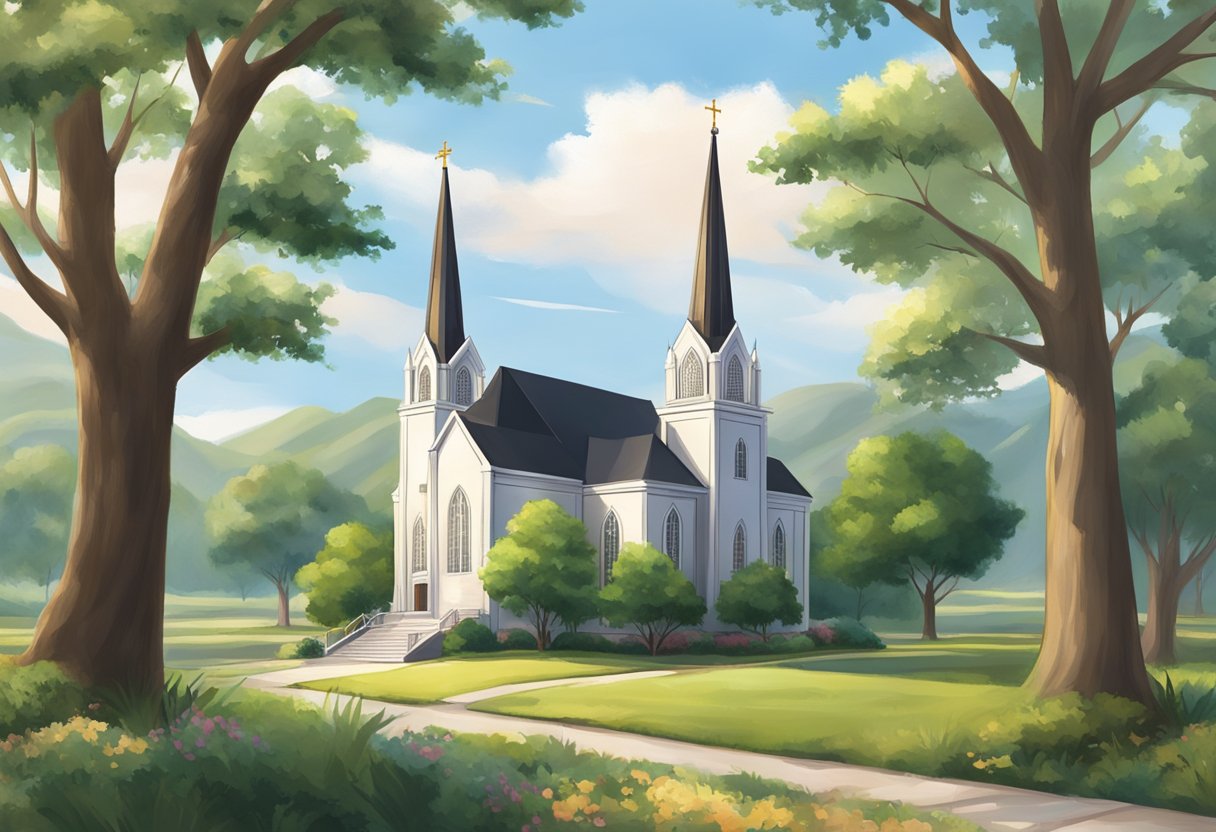 En fredelig mormonkirke med et tårn, omgivet af træer og et fredfyldt landskab