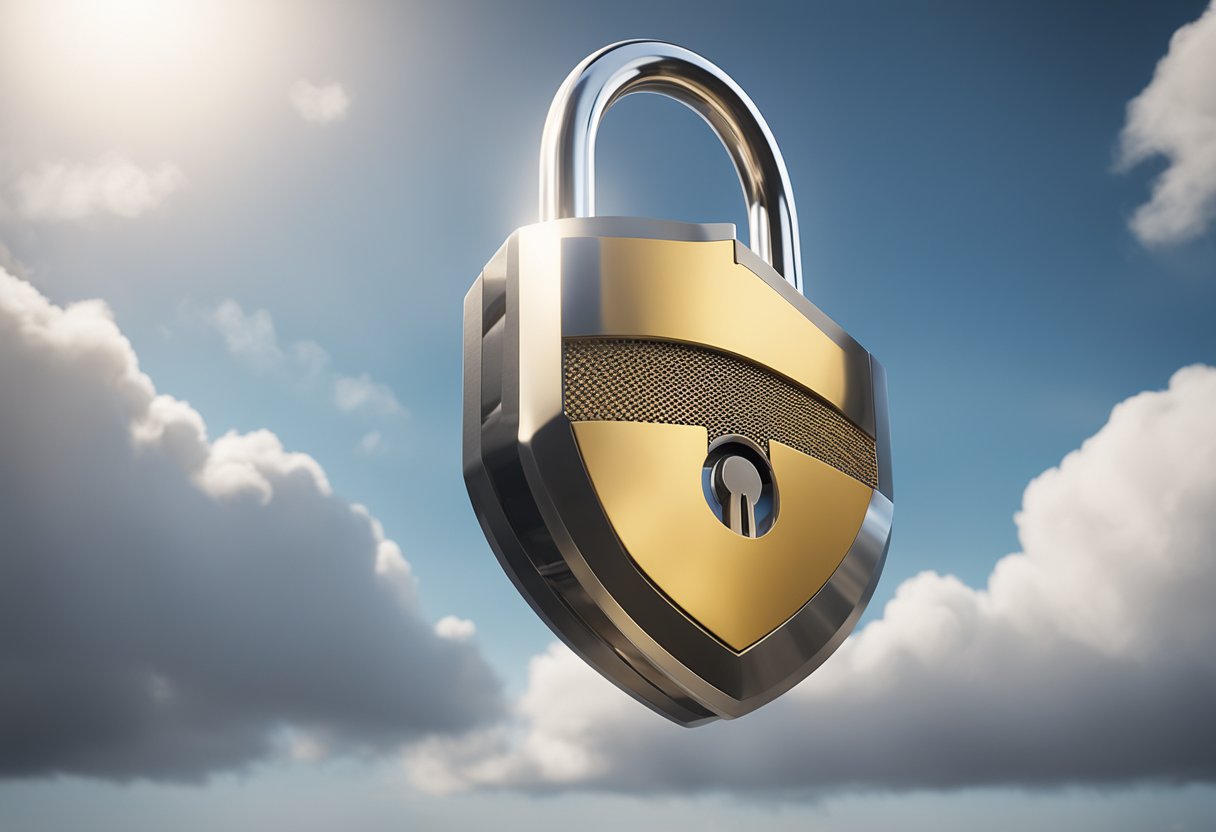 A secure padlock hovering over a cloud with a shield and checkmark in the background