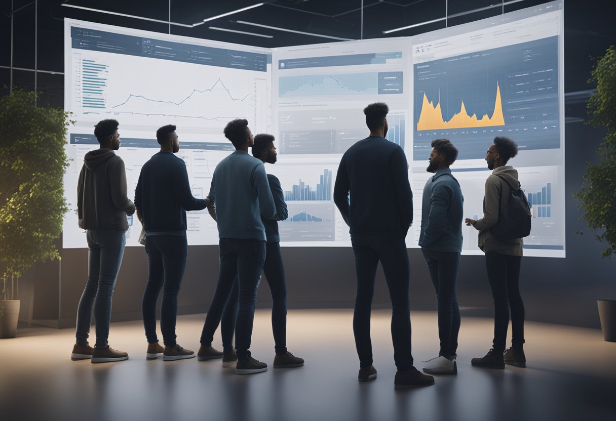 A group of people standing around a large screen, pointing and discussing while looking at charts and graphs related to on-premises cloud file sharing