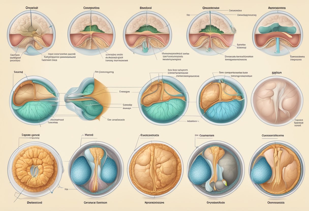 En medicinsk illustration af forskellige typer cyster, herunder dermoidcyster, ganglioncyster og ovariecyster, med mærkede diagrammer og tværsnit