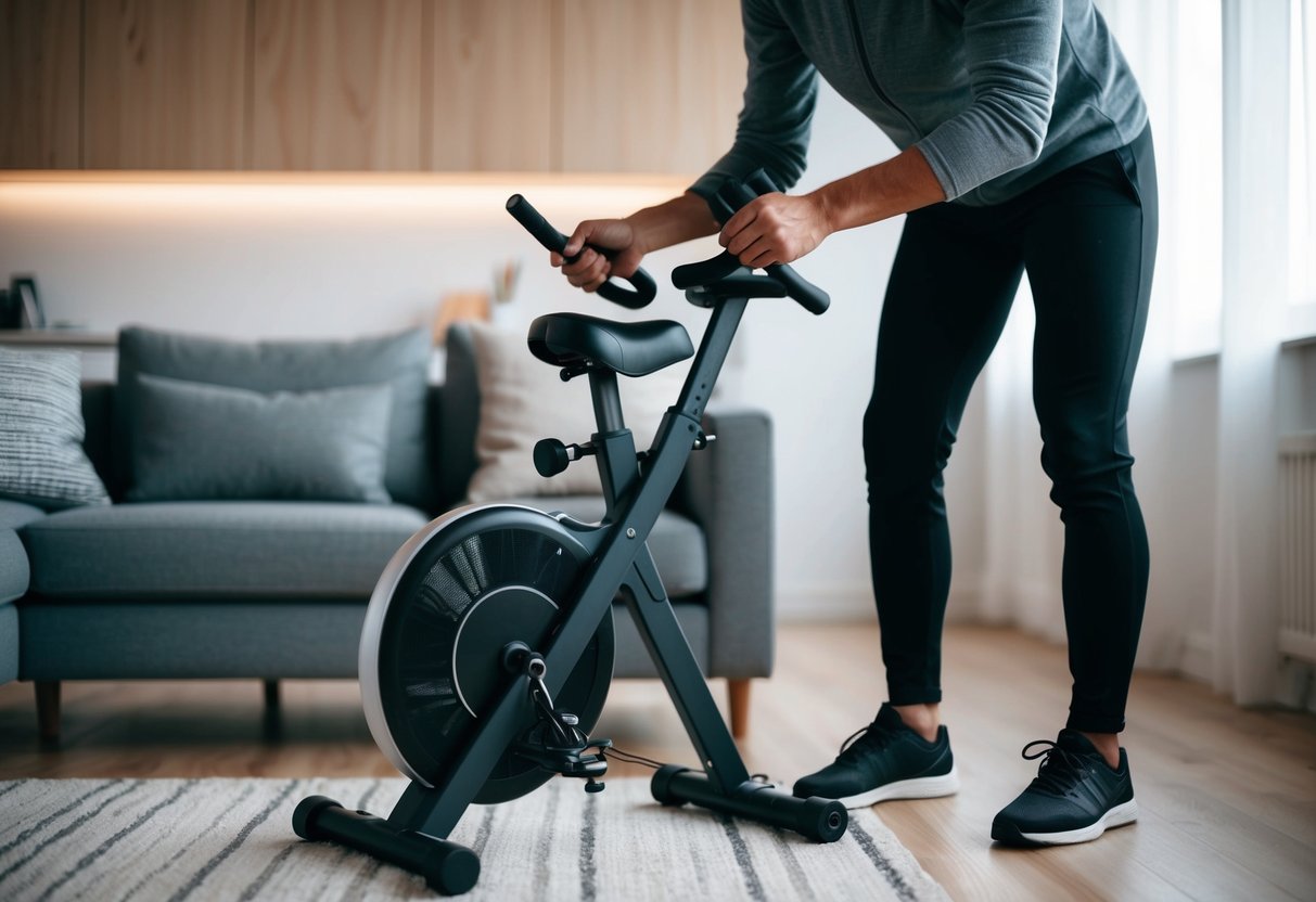 A person unfolding a compact exercise bike in a modern living room