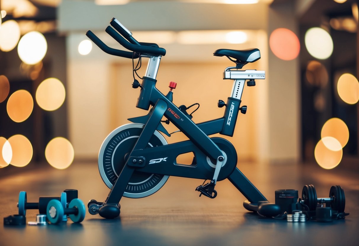 A foldable exercise bike with magnetic resistance, surrounded by various accessories for customization