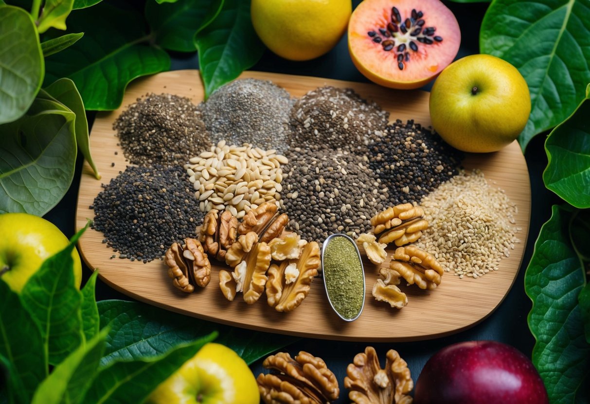 A colorful array of chia seeds, flaxseeds, walnuts, and hemp seeds arranged on a wooden cutting board, surrounded by vibrant green leaves and ripe fruits