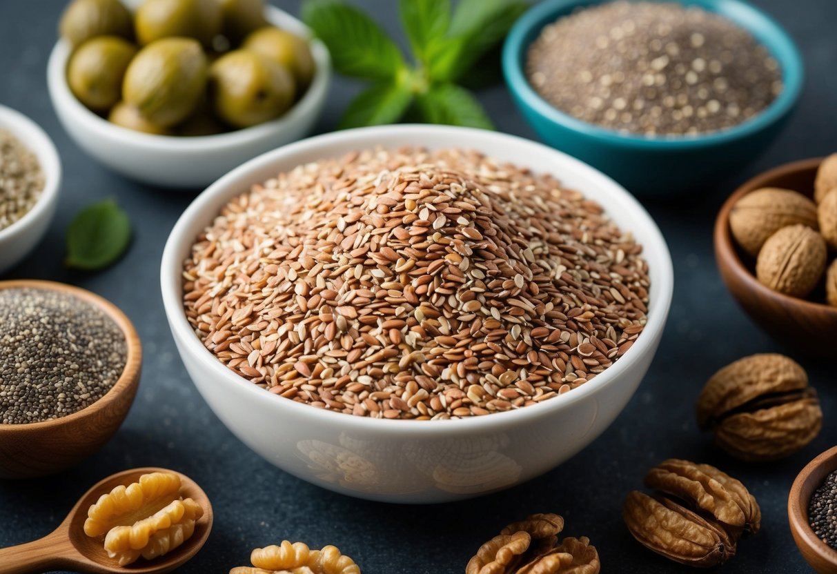 A bowl of flaxseeds surrounded by various plant-based sources of omega-3 such as chia seeds, walnuts, and hemp seeds