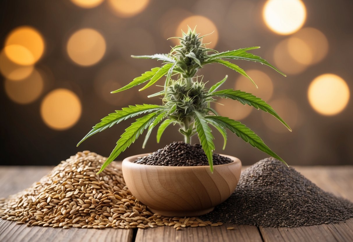 A hemp plant with mature seeds, surrounded by other plant-based sources of omega 3 like flaxseeds and chia seeds