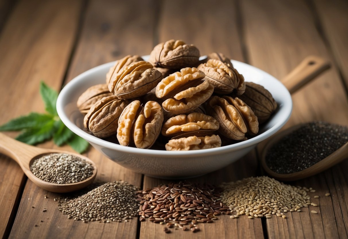 A bowl of walnuts surrounded by plant-based sources of omega 3 such as flaxseeds, chia seeds, and hemp seeds on a wooden table