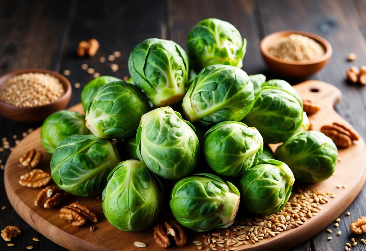 A pile of fresh Brussels sprouts arranged on a wooden cutting board, surrounded by scattered flaxseeds and walnuts