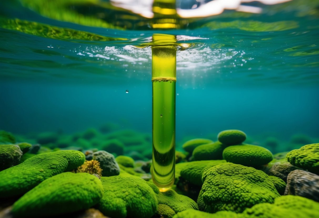 A serene underwater landscape with vibrant green algae and a flowing stream of algal oil, surrounded by plant-based sources of omega 3 for vegans