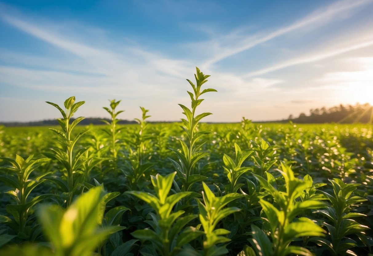 A serene landscape with fields of perilla plants, bathed in warm sunlight, with a clear blue sky overhead and a gentle breeze rustling the leaves