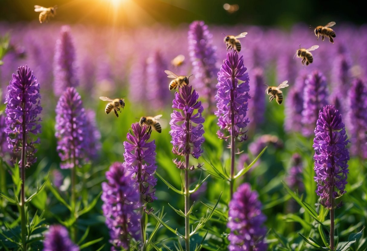 A serene field of echium plants bathed in sunlight, with bees buzzing around the vibrant purple flowers