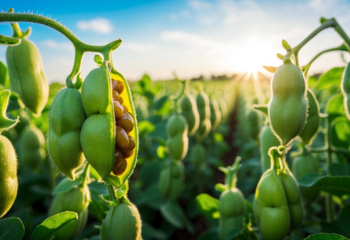 A lush field of soybeans under a bright sun, with pods bursting open to reveal the sticky, fermented natto inside