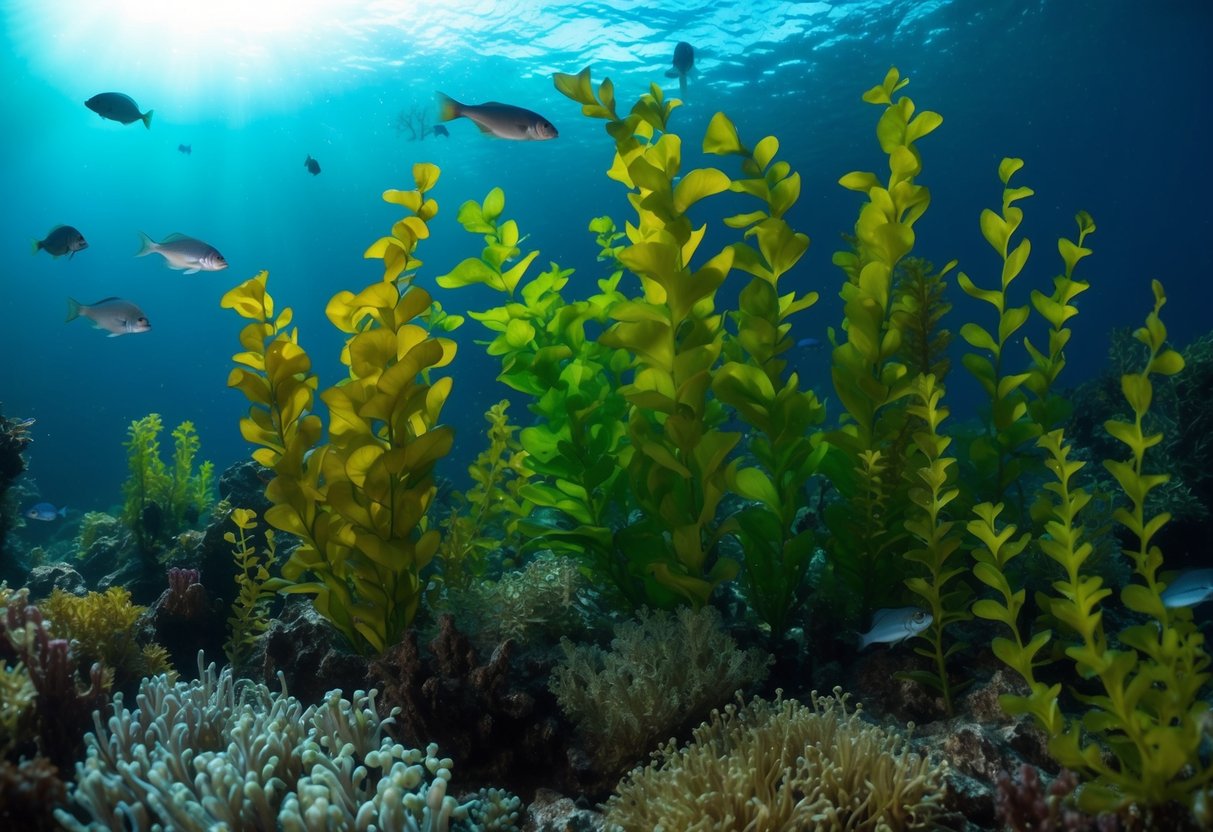 A lush underwater garden of colorful seaweed and algae swaying gently in the current, with small fish swimming among the plants