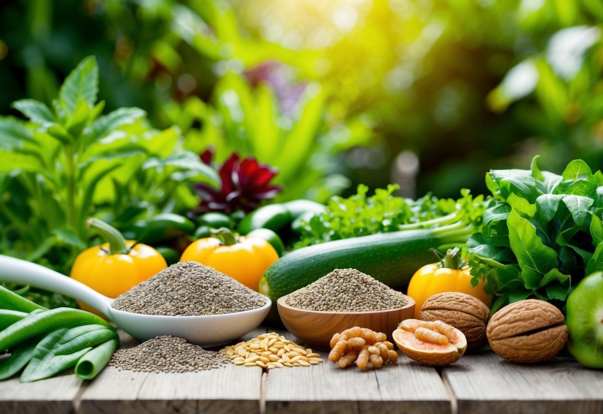 A lush garden with an array of plant-based sources of omega-3 fatty acids, including chia seeds, flaxseeds, hemp seeds, walnuts, and leafy green vegetables