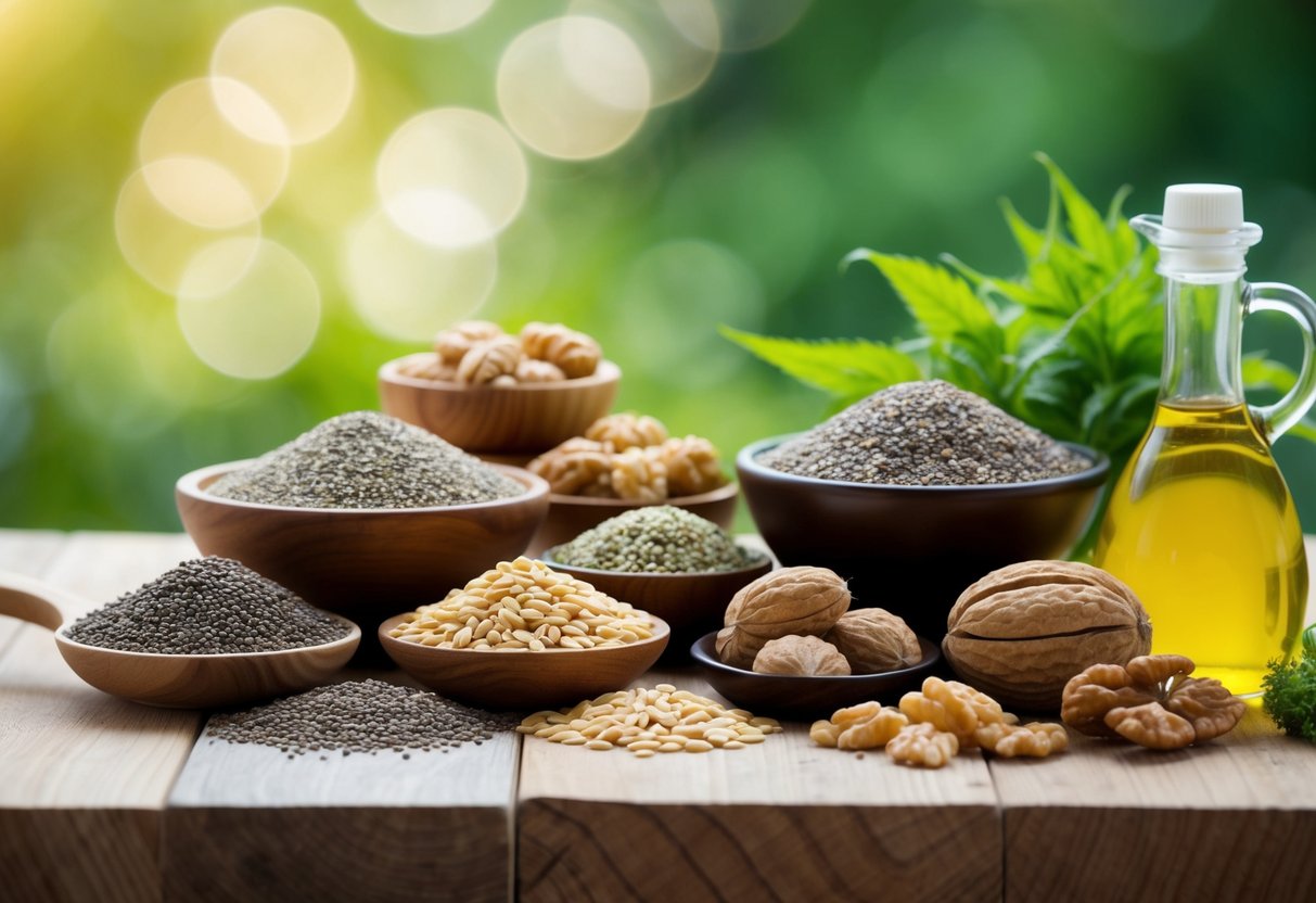 A vibrant display of various plant-based sources of omega-3, such as chia seeds, flaxseeds, hemp seeds, walnuts, and algae oil, arranged on a wooden table