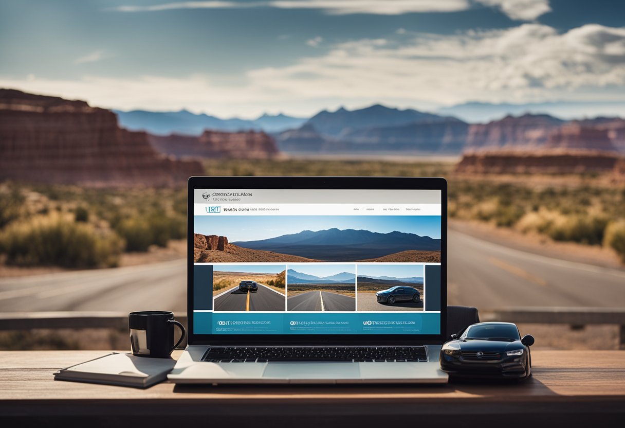 A car parked in front of a Utah landscape with various insurance policy options displayed on a computer screen