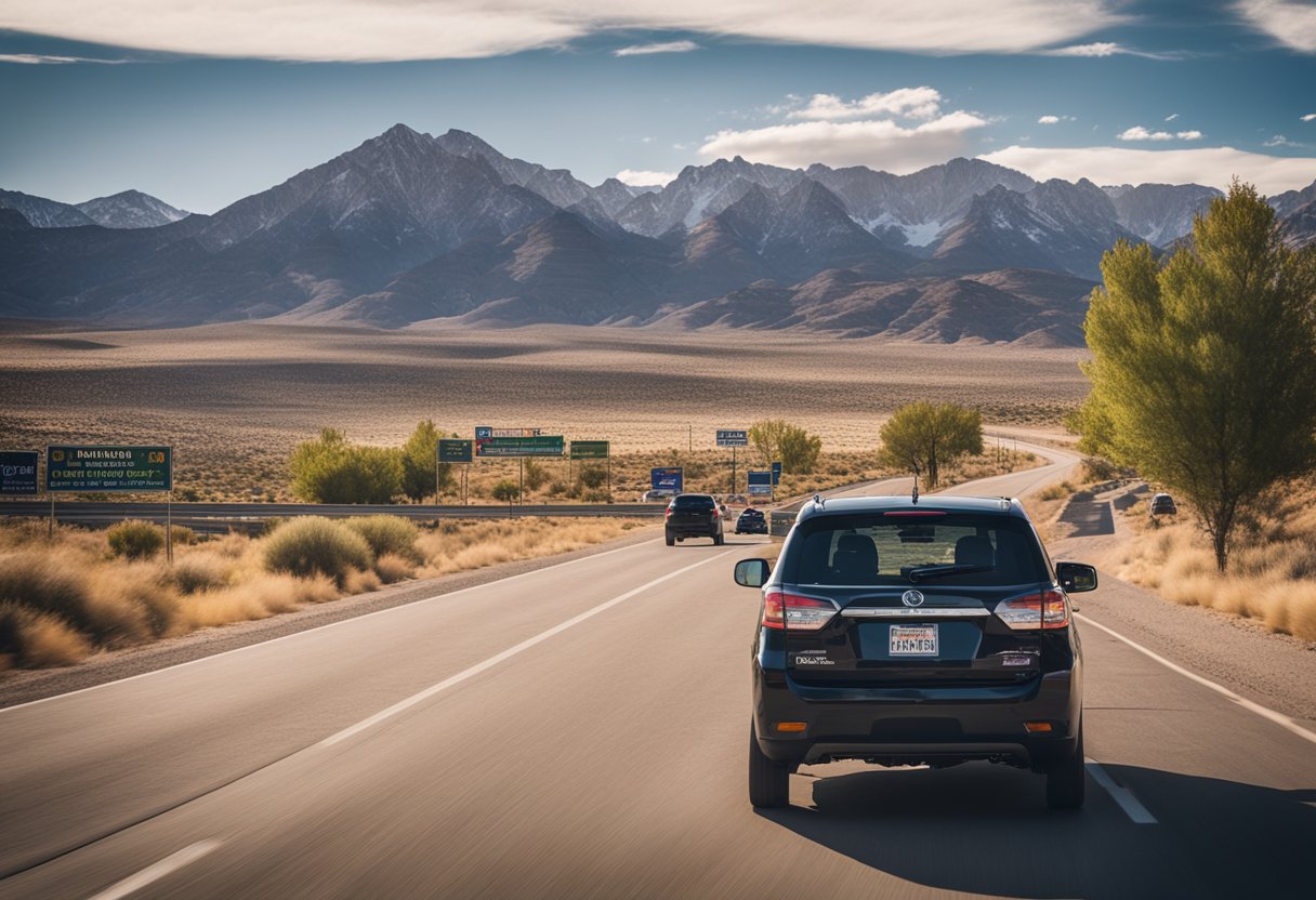 A car driving through Utah's diverse landscape, passing by mountains, deserts, and urban areas, with various insurance company billboards in the background