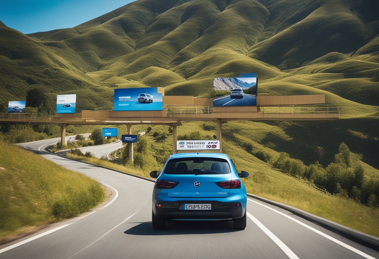 A car driving through a mountainous landscape with a clear blue sky, passing by various insurance company billboards and signs