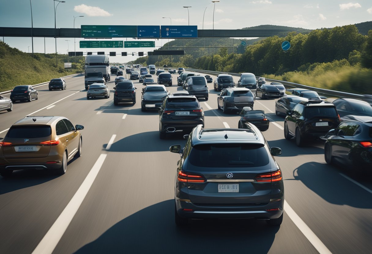 A family car driving safely on a busy highway, surrounded by other vehicles. The car is covered with a shield symbolizing the protection of 50/100 insurance