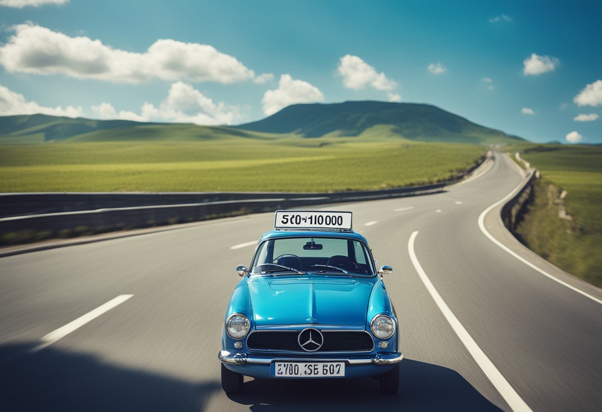 A car driving on a road, with a clear blue sky and a sign indicating "50/100 Insurance Coverage" in the background
