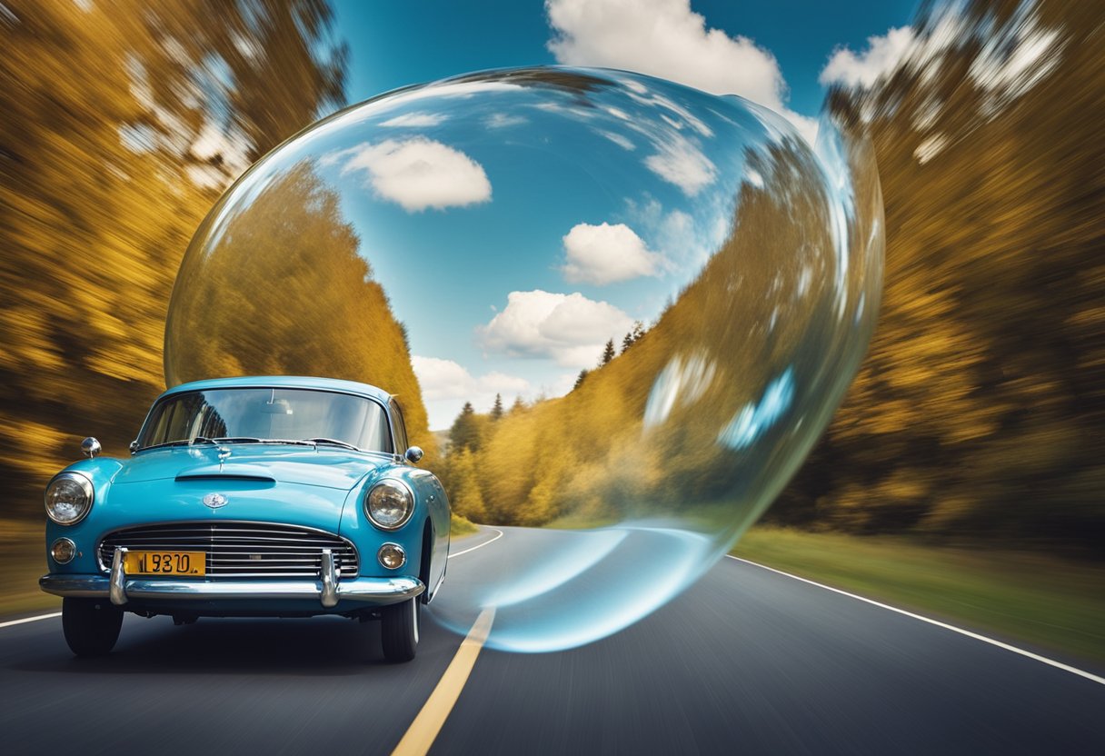 A car driving confidently on a road with a clear blue sky above. The car is surrounded by a protective bubble, symbolizing the benefits of 50/100 insurance limits