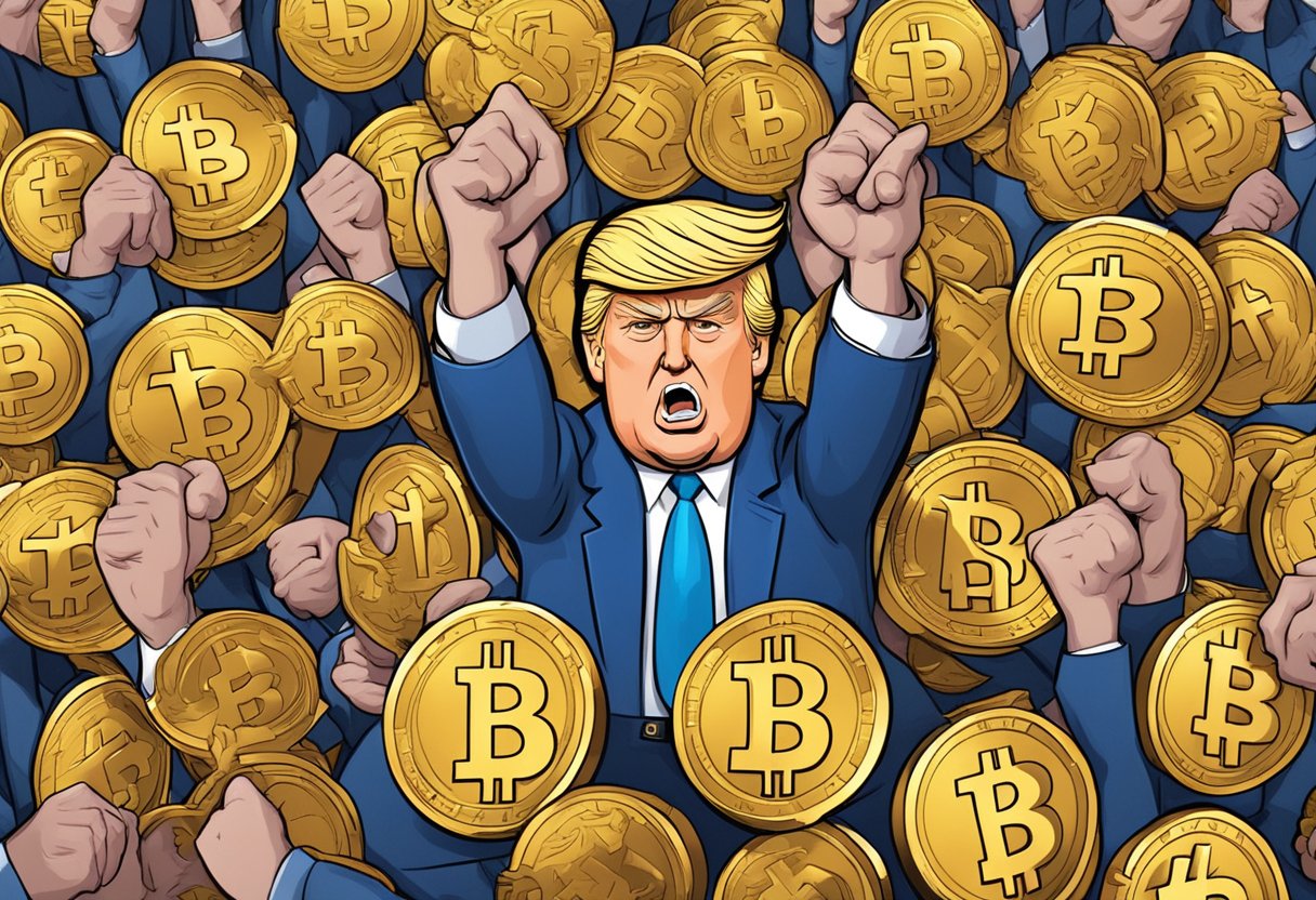 A cartoonish coin with a caricature of Trump surrounded by angry cryptocurrency enthusiasts