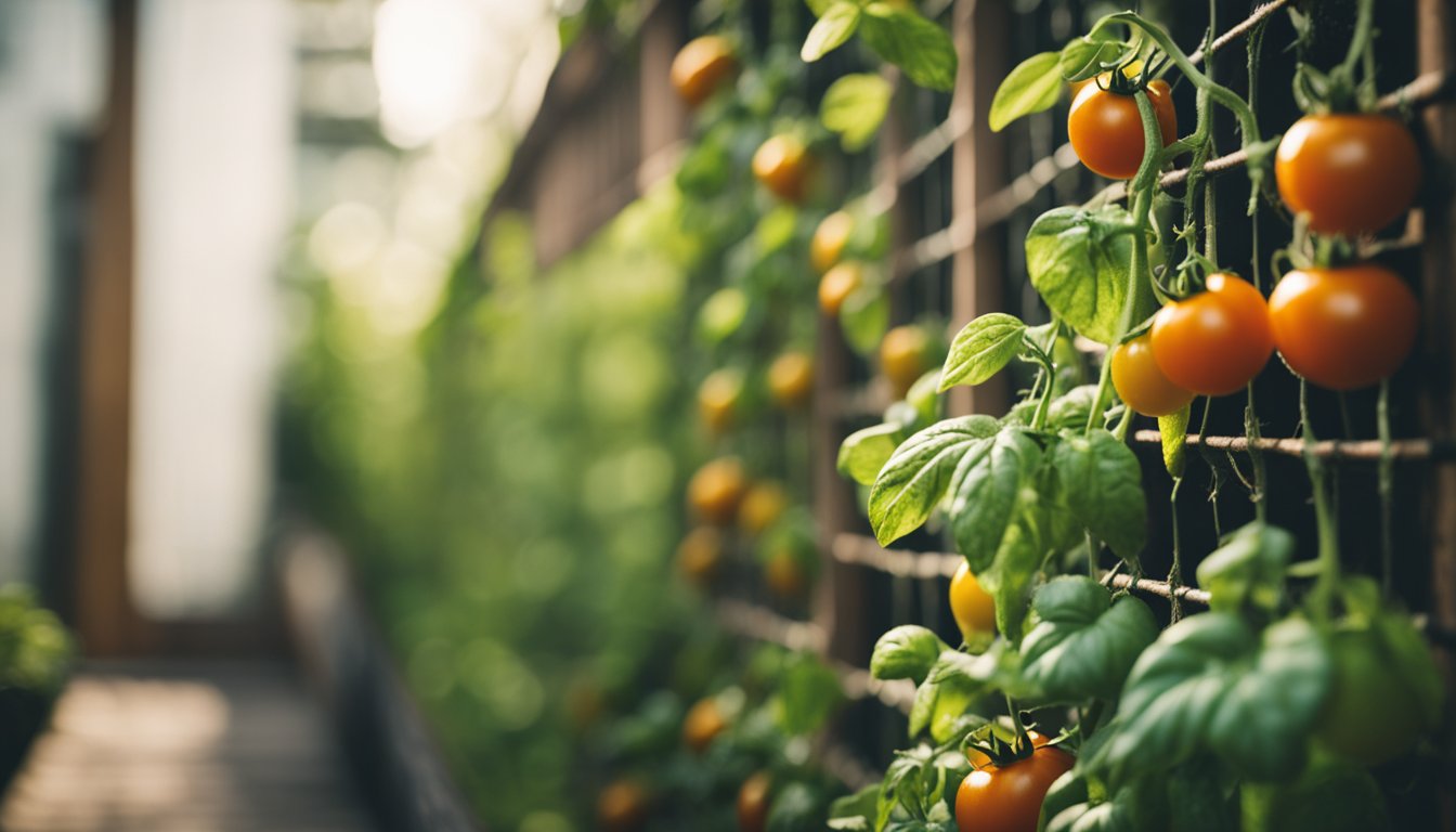 A young tomato plant stands against a vertical garden wall, bathed in soft natural light. Neat trellis supports and earthy tones create an organized, structured scene