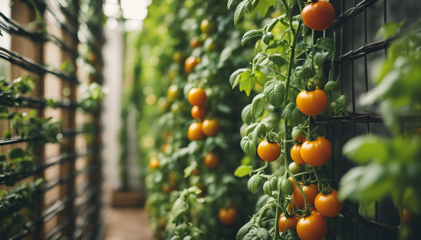 A young tomato plant stands against a vertical garden wall with neat trellis supports. Soft natural lighting and earthy tones create an organized, structured scene