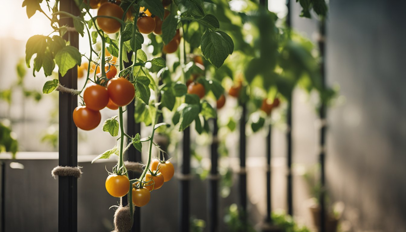 A young tomato plant stands against a vertical garden wall with neat trellis supports, bathed in soft natural light and earthy tones