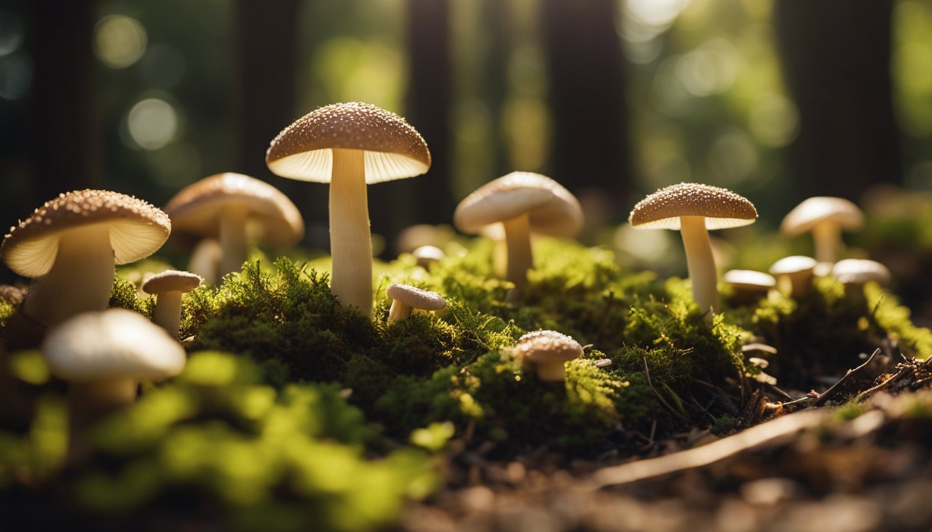 Shimeji mushrooms emerge from rich substrate in a wooden garden bed, surrounded by soft moss, fallen leaves, and dappled sunlight