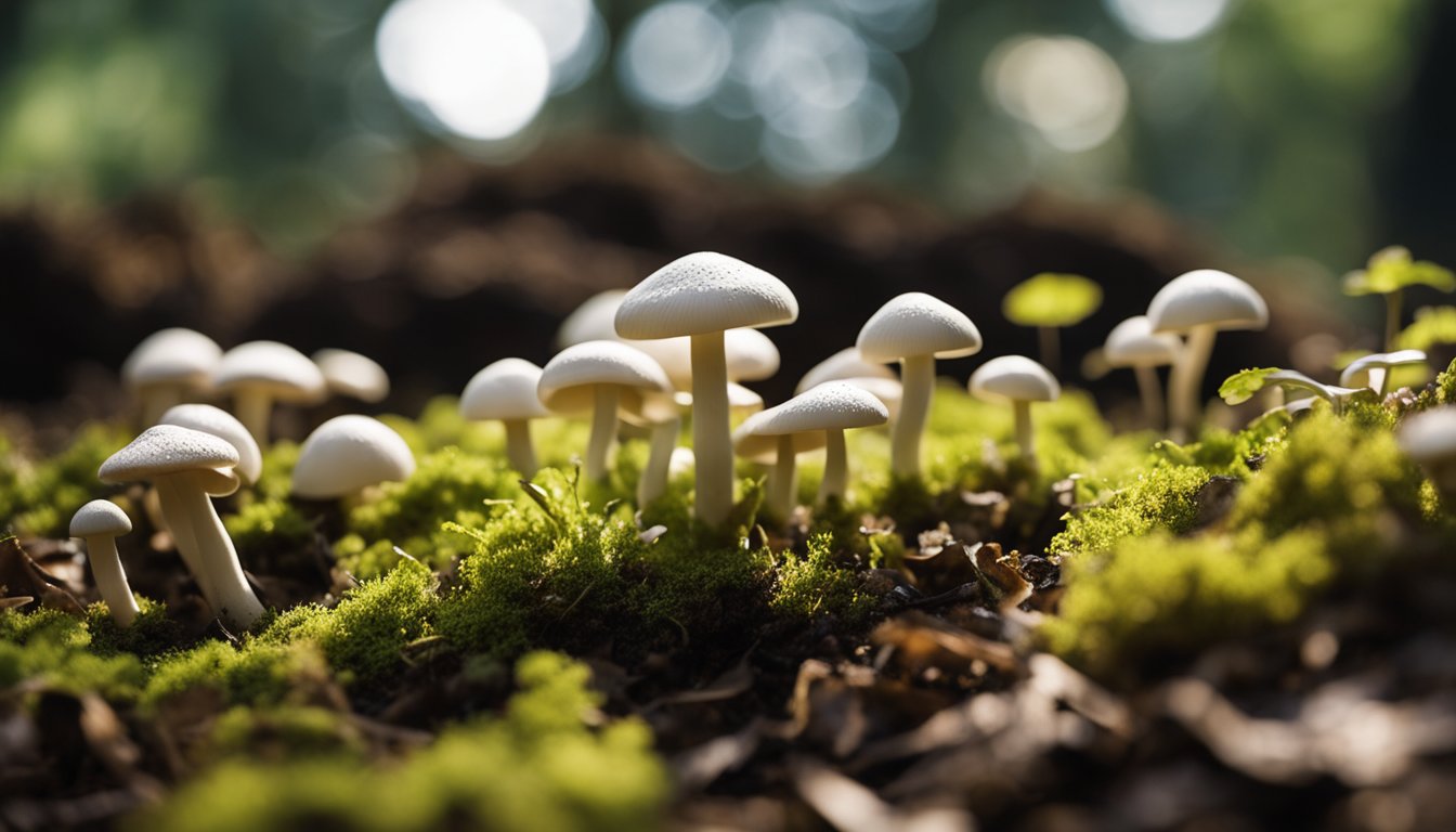 Shimeji mushrooms sprout from dark substrate in a garden bed. Various growth stages show white and light brown clusters. Soft moss, fallen leaves, and dappled sunlight surround the scene