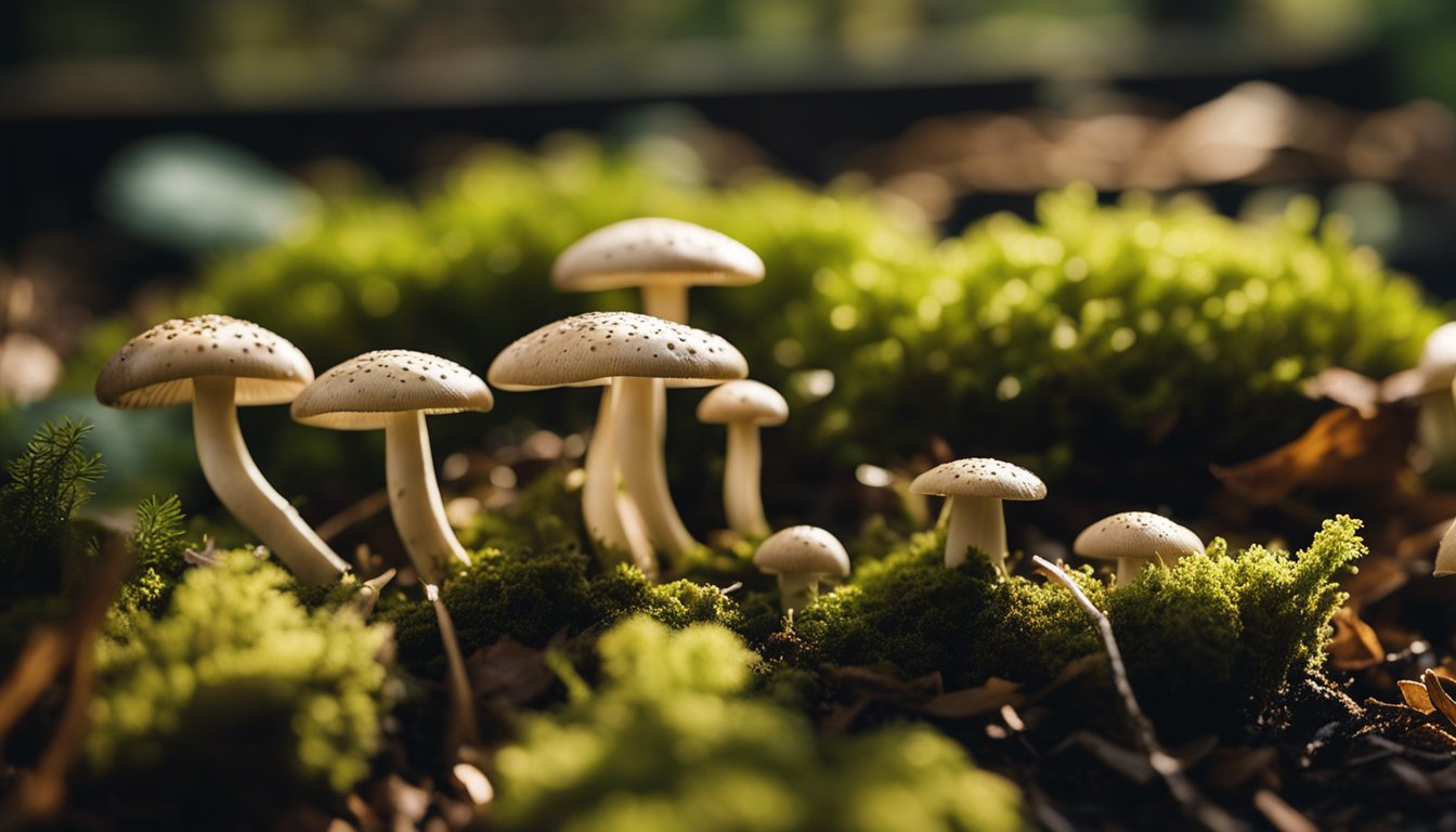 Shimeji mushrooms emerge from dark substrate in a wooden garden bed, surrounded by moss, fallen leaves, and dappled sunlight