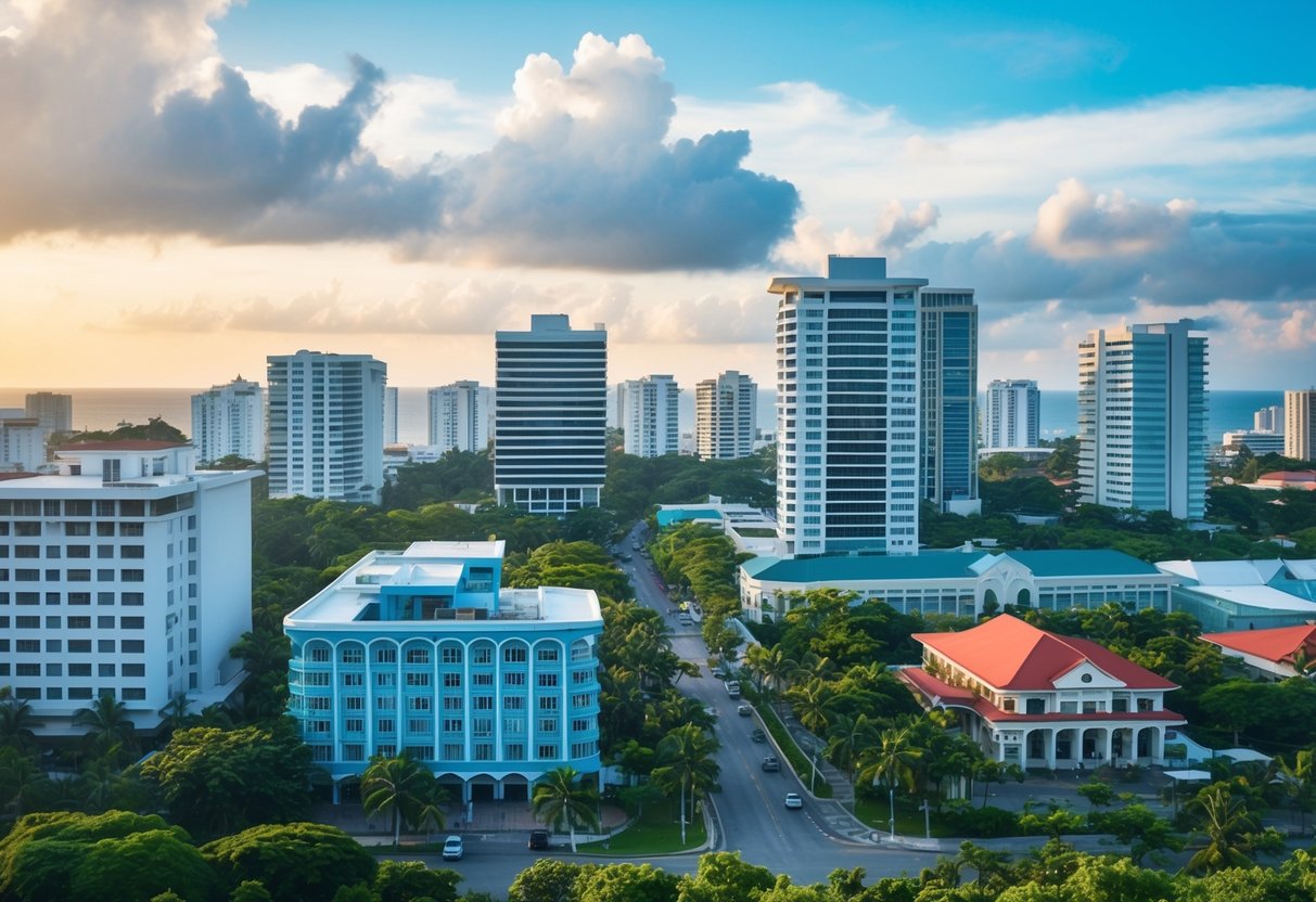 A bustling Cebu cityscape featuring modern high-rise buildings, traditional Filipino architecture, and lush greenery